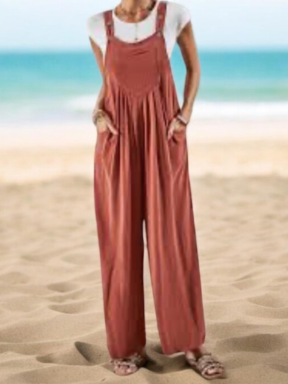 Dason Relaxed Rust Wide-Leg Jumpsuit with Pockets - Women